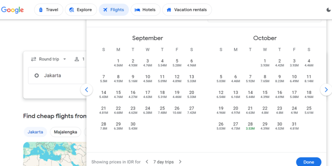 Memilih tanggal perjalanan di Google Flight. (Google)